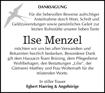Traueranzeige von Ilse Menzel von Super Sonntag Dessau-Roßlau