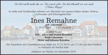 Traueranzeige von Ines Remahne von Mitteldeutsche Zeitung Bitterfeld