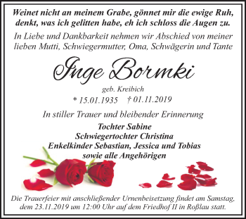 Traueranzeige von Inge Bormki von Mitteldeutsche Zeitung Dessau-Roßlau