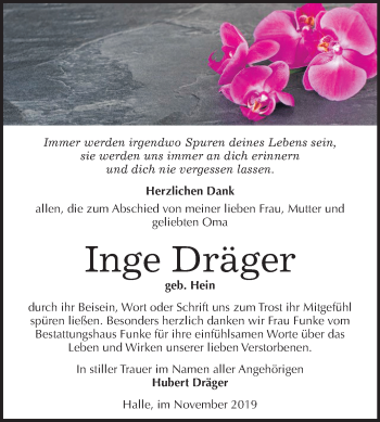 Traueranzeige von Inge Dräger von Mitteldeutsche Zeitung Halle/Saalkreis