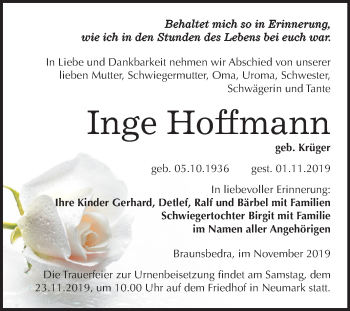 Traueranzeige von Inge Hoffmann von Mitteldeutsche Zeitung Merseburg/Querfurt