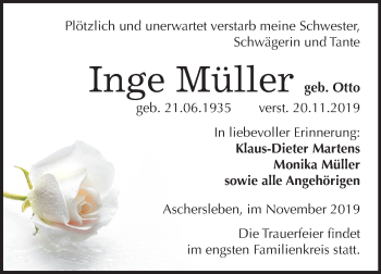 Traueranzeige von Inge Müller von Mitteldeutsche Zeitung Aschersleben