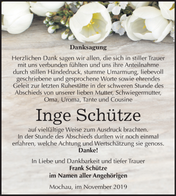 Traueranzeige von Inge Schütze von Mitteldeutsche Zeitung Wittenberg