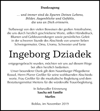 Traueranzeige von Ingeborg Dziadek von Wochenspiegel Naumburg/Nebra