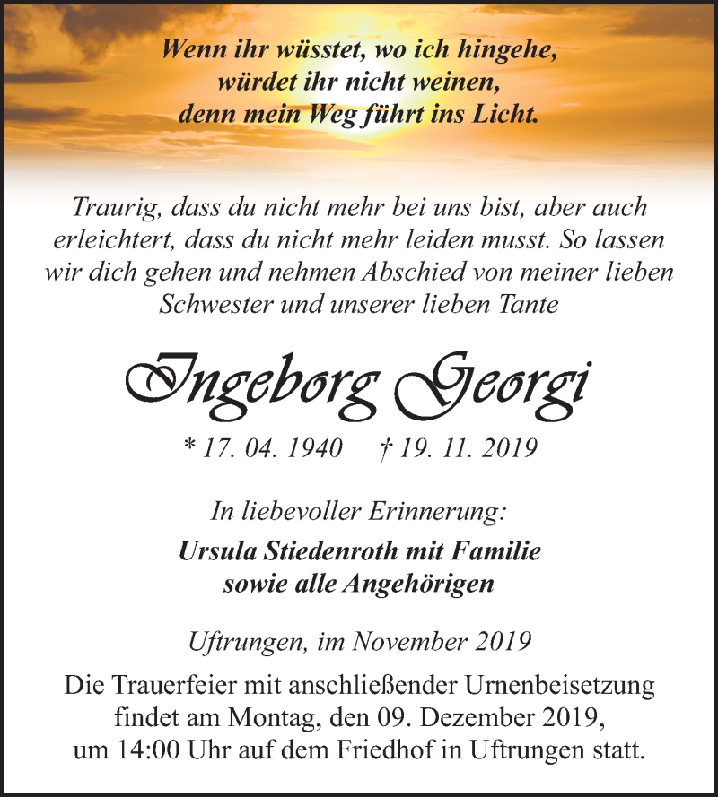  Traueranzeige für Ingeborg Georgi vom 30.11.2019 aus Super Sonntag Sangerhausen