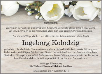 Traueranzeige von Ingeborg Kolodzig von Mitteldeutsche Zeitung Aschersleben