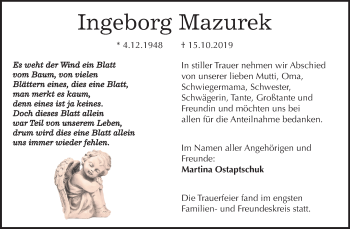 Traueranzeige von Ingeborg Mazurek von Mitteldeutsche Zeitung Aschersleben