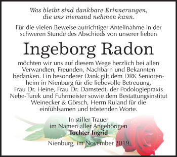 Traueranzeige von Ingeborg Radon von Super Sonntag Bernburg