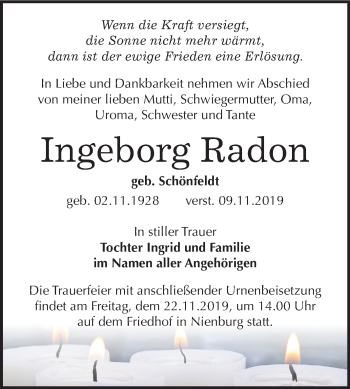 Traueranzeige von Ingeborg Radon von Super Sonntag Bernburg