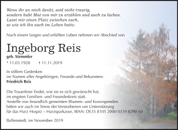 Traueranzeige von Ingeborg Reis von Mitteldeutsche Zeitung Quedlinburg