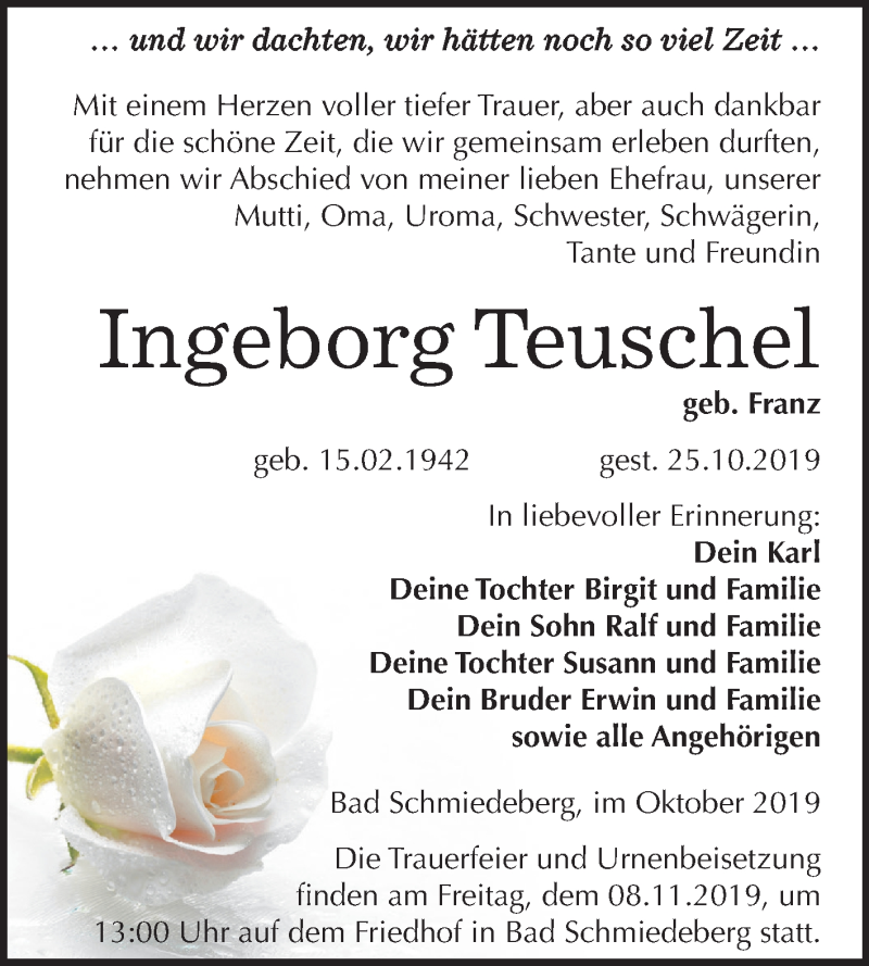  Traueranzeige für Ingeborg Teuschel vom 02.11.2019 aus Super Sonntag Wittenberg