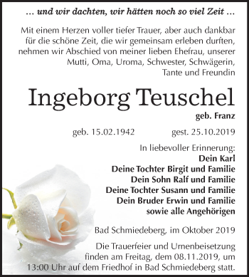 Traueranzeige von Ingeborg Teuschel von Mitteldeutsche Zeitung Wittenberg