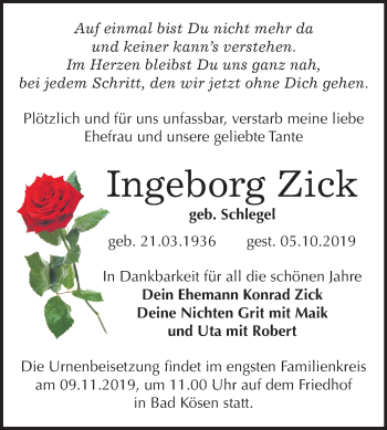 Traueranzeige von Ingeborg Zick von Wochenspiegel Naumburg/Nebra