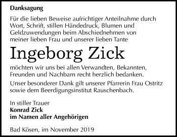 Traueranzeige von Ingeborg Zick von Wochenspiegel Naumburg/Nebra
