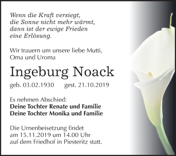 Traueranzeige von Ingeburg Noack von Super Sonntag Wittenberg