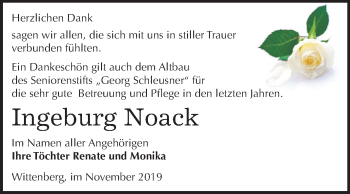 Traueranzeige von Ingeburg Noack von Super Sonntag Wittenberg