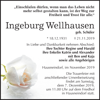 Traueranzeige von Ingeburg Wellhausen von Mitteldeutsche Zeitung Quedlinburg