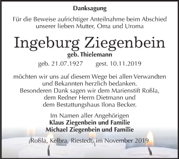 Traueranzeige von Ingeburg Ziegenbein von Super Sonntag Sangerhausen