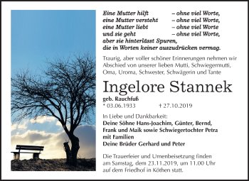 Traueranzeige von Ingelore Stannek von Mitteldeutsche Zeitung Köthen