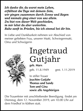 Traueranzeige von Ingetraud Gutjahr von Mitteldeutsche Zeitung Köthen