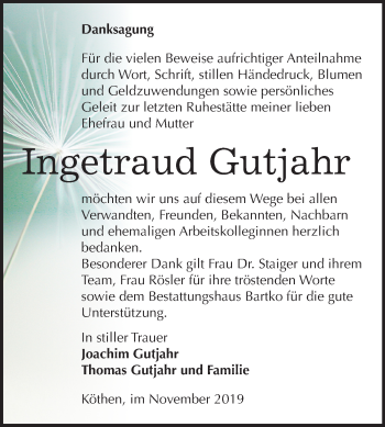 Traueranzeige von Ingetraud Gutjahr von Super Sonntag Köthen