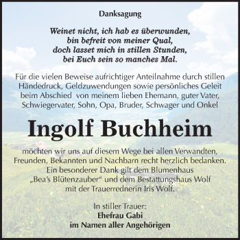 Traueranzeige von Ingolf Buchheim von Wochenspiegel Weißenfels
