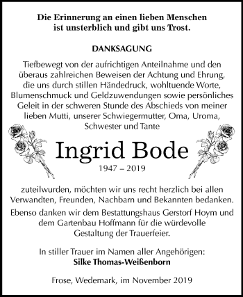 Traueranzeige von Ingrid Bode von Super Sonntag Aschersleben