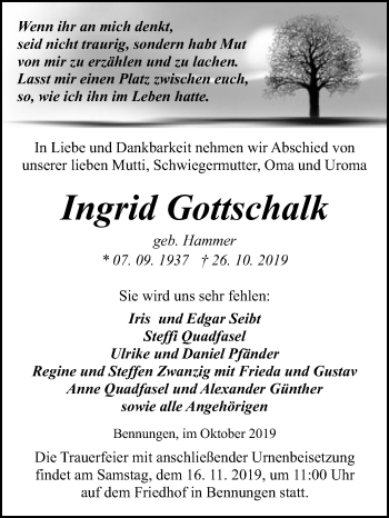 Traueranzeige von Ingrid Gottschalk von Mitteldeutsche Zeitung Sangerhausen