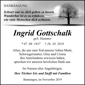 Traueranzeige von Ingrid Gottschalk von Super Sonntag Sangerhausen