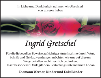 Traueranzeige von Ingrid Gretschel von Mitteldeutsche Zeitung Bitterfeld