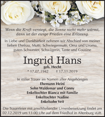 Traueranzeige von Ingrid Hans von Mitteldeutsche Zeitung Bernburg
