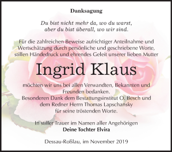 Traueranzeige von Ingrid Klaus von Mitteldeutsche Zeitung Dessau-Roßlau