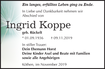 Traueranzeige von Ingrid Koppe von Mitteldeutsche Zeitung Bitterfeld