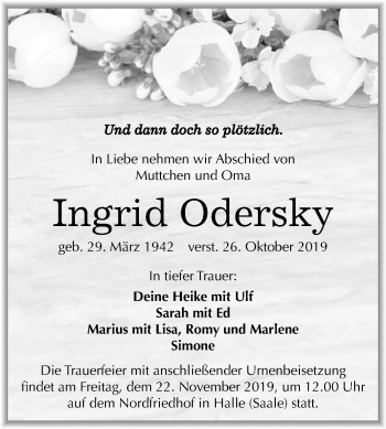 Traueranzeige von Ingrid Odersky von Mitteldeutsche Zeitung Halle/Saalkreis