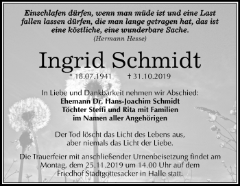 Traueranzeige von Ingrid Schmidt von Mitteldeutsche Zeitung Halle/Saalkreis