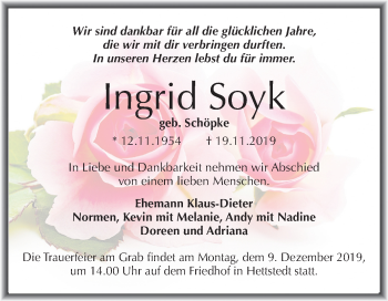 Traueranzeige von Ingrid Soyk von Mitteldeutsche Zeitung Mansfelder Land