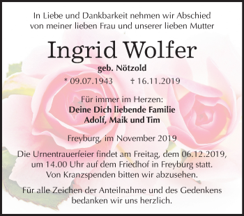 Traueranzeige von Ingrid Wolfer von Wochenspiegel Naumburg/Nebra