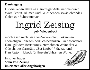 Traueranzeige von Ingrid Zeising von Mitteldeutsche Zeitung Bernburg