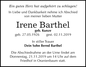 Traueranzeige von Irene Barthel von Mitteldeutsche Zeitung Wittenberg