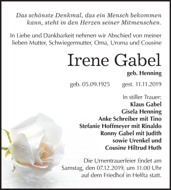 Traueranzeige von Irene Gabel von Super Sonntag Mansfelder Land