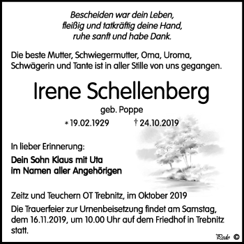 Traueranzeige von Irene Schellenberg von Super Sonntag Zeitz