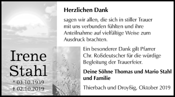 Traueranzeige von Irene Stahl von Mitteldeutsche Zeitung Zeitz