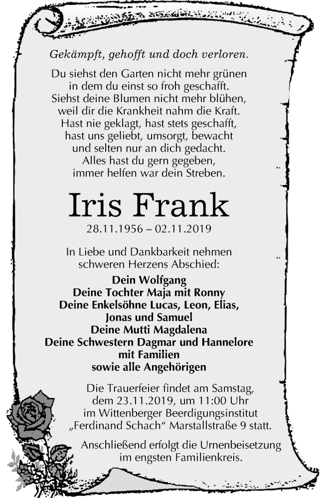  Traueranzeige für Iris Frank vom 09.11.2019 aus Mitteldeutsche Zeitung Wittenberg