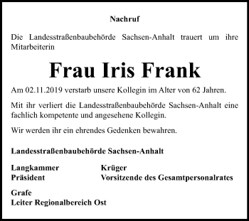 Traueranzeige von Iris Frank von Mitteldeutsche Zeitung Wittenberg