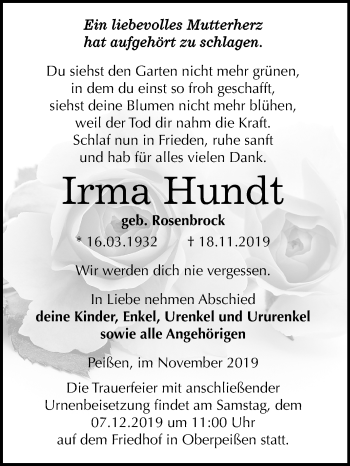 Traueranzeige von Irma Hundt von Super Sonntag Bernburg