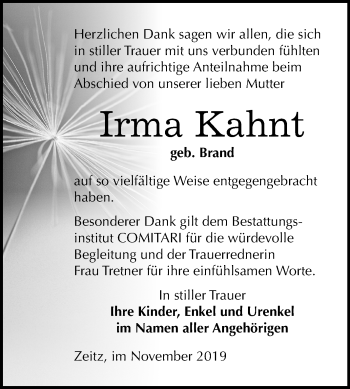 Traueranzeige von Irma Kahnt von Mitteldeutsche Zeitung Zeitz
