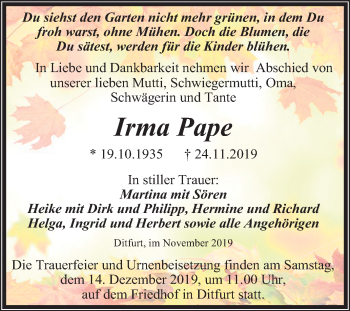 Traueranzeige von Irma Pape von Super Sonntag Quedlinburg