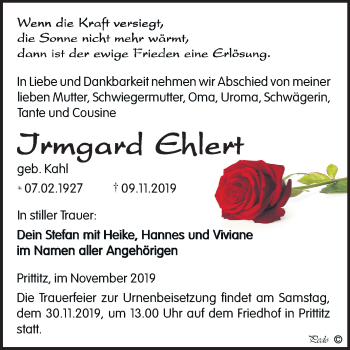 Traueranzeige von Irmgard Ehlert von Wochenspiegel Weißenfels