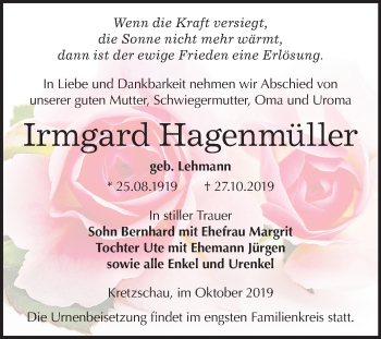 Traueranzeige von Irmgard Hagenmüller von Mitteldeutsche Zeitung Zeitz