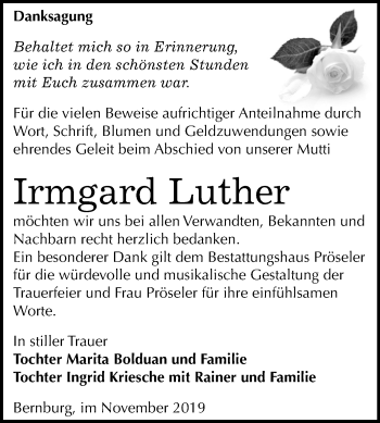 Traueranzeige von Irmgard Luther von Super Sonntag Bernburg